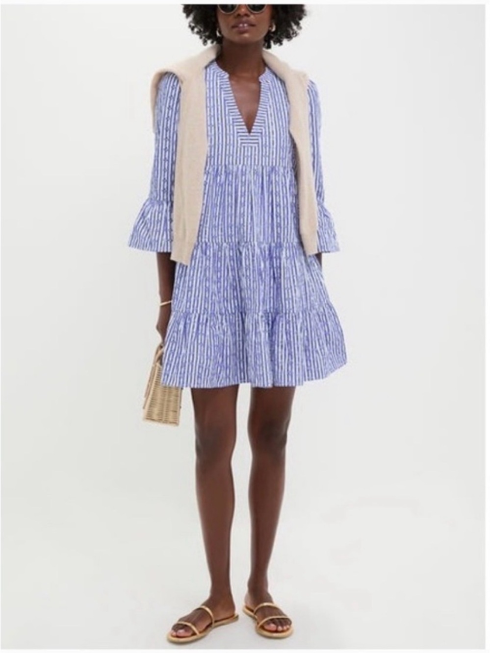 Pomander Place Blue Stripe V-Neck Tiered Mini Dress, NWT, size Large